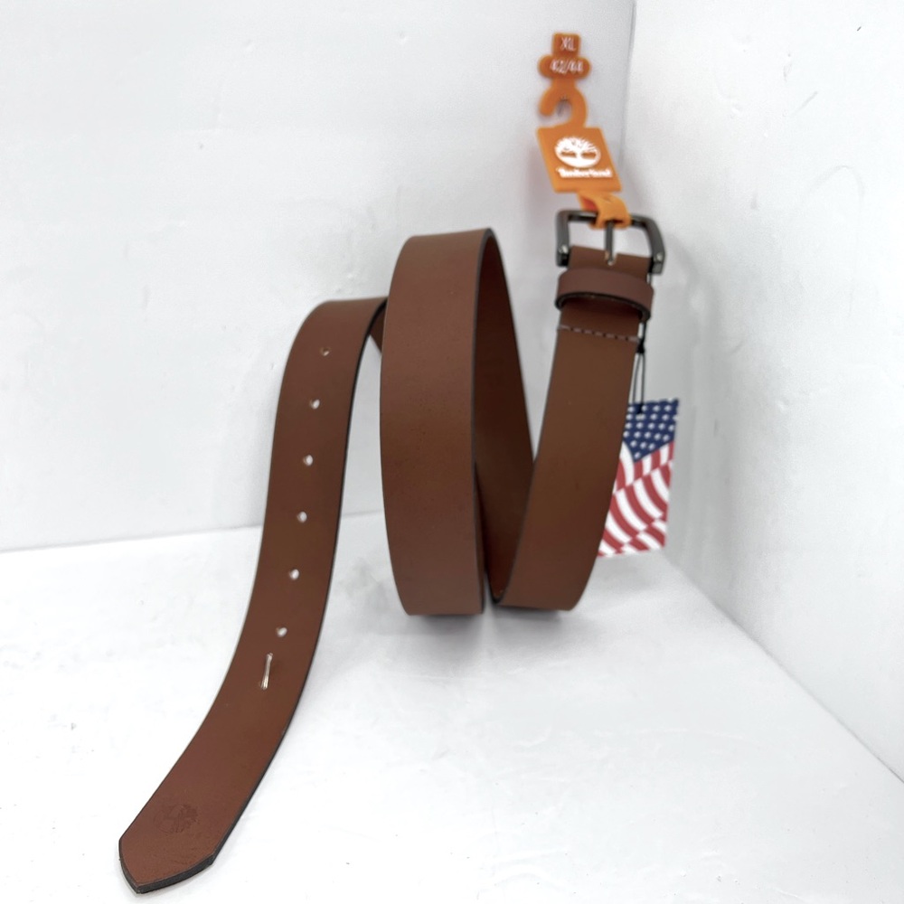 TIMBERLAND MEN’S BELT, BROWN COLOR, LEATHER WITH MAT METAL BUCKLE, SIZE XL 42/44